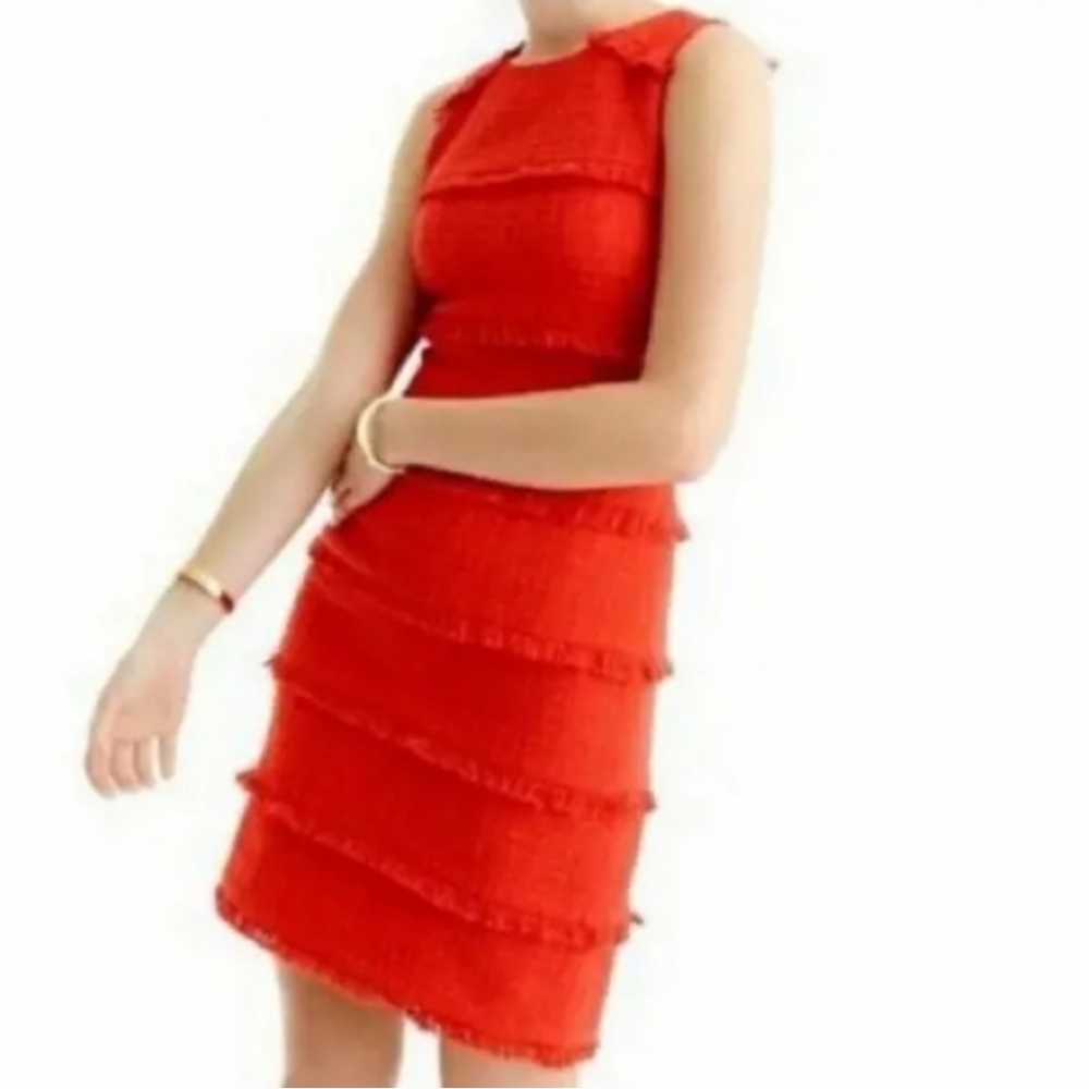 J. Crew Fringe Tweed Sheath Dress in Red Orange Color